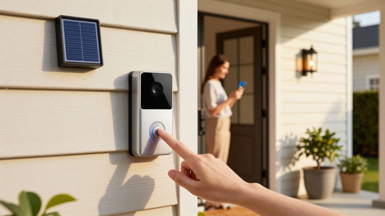 Pessoa a pressionar campainha inteligente com câmara junto à entrada de uma casa durante o dia.