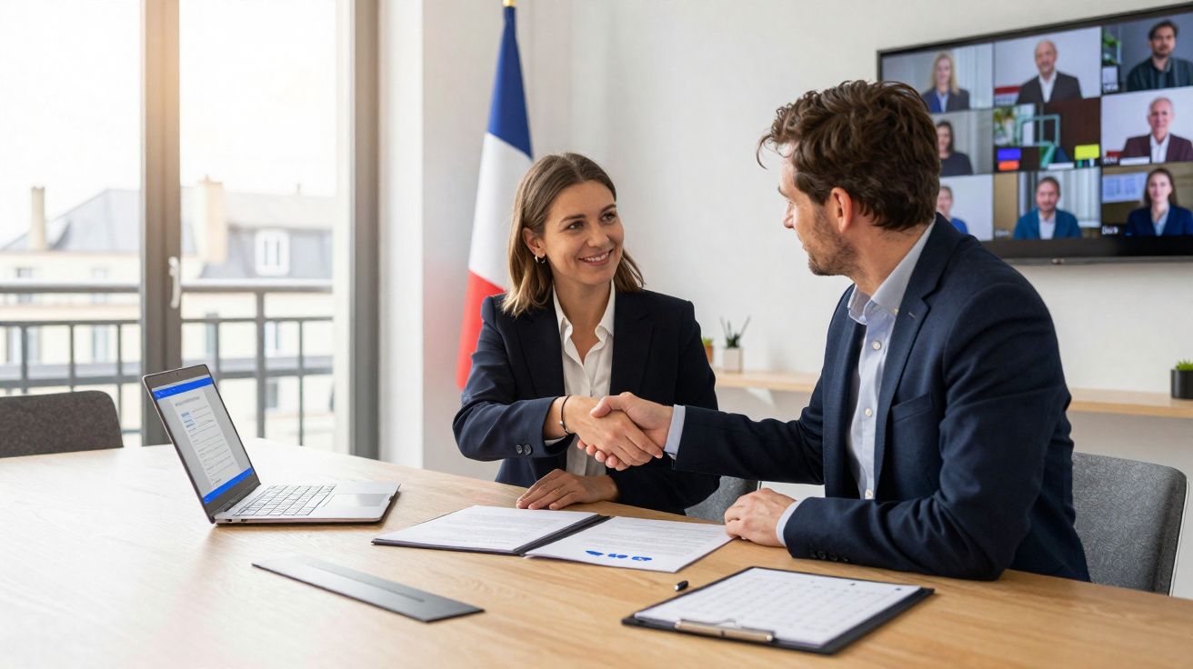Duas pessoas em trajes formais a apertar as mãos numa reunião de escritório com videoconferência ao fundo.