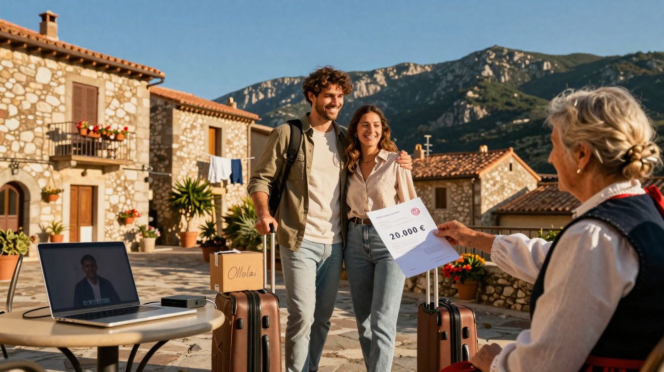 Casal sorridente com malas a receber cheque de 20.000€ de mulher idosa em vila rústica com montanhas ao fundo.