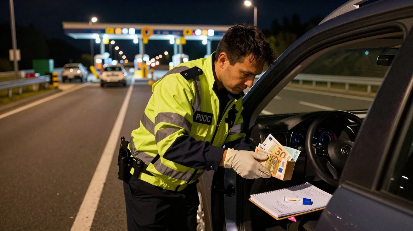 Agente da polícia de trânsito em colete refletor verifica dinheiro com luvas junto a carro parado numa estrada à noite.