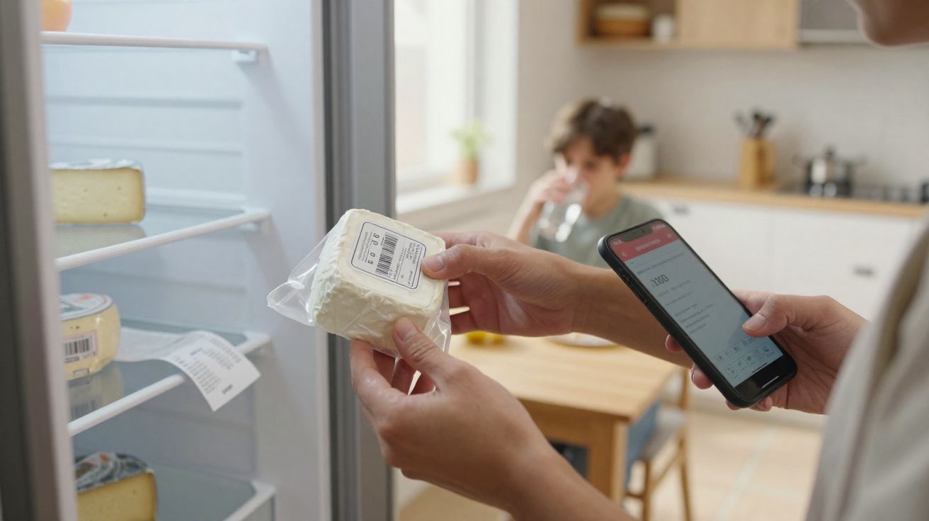 Pessoa a consultar aplicação móvel enquanto pega pedaço de queijo no frigorífico, criança ao fundo a beber água.