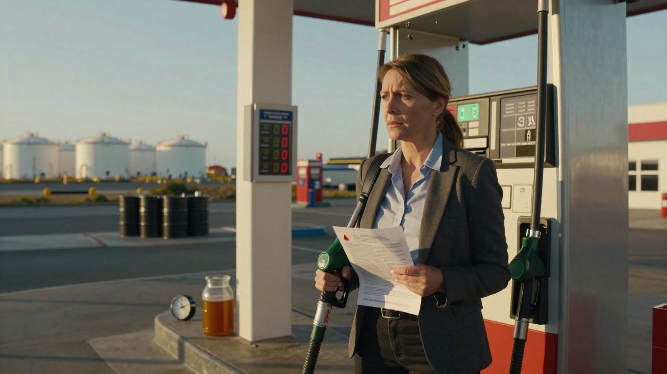 Mulher em fato formal segura papel e bomba de combustível numa estação de serviço ao ar livre ao entardecer.