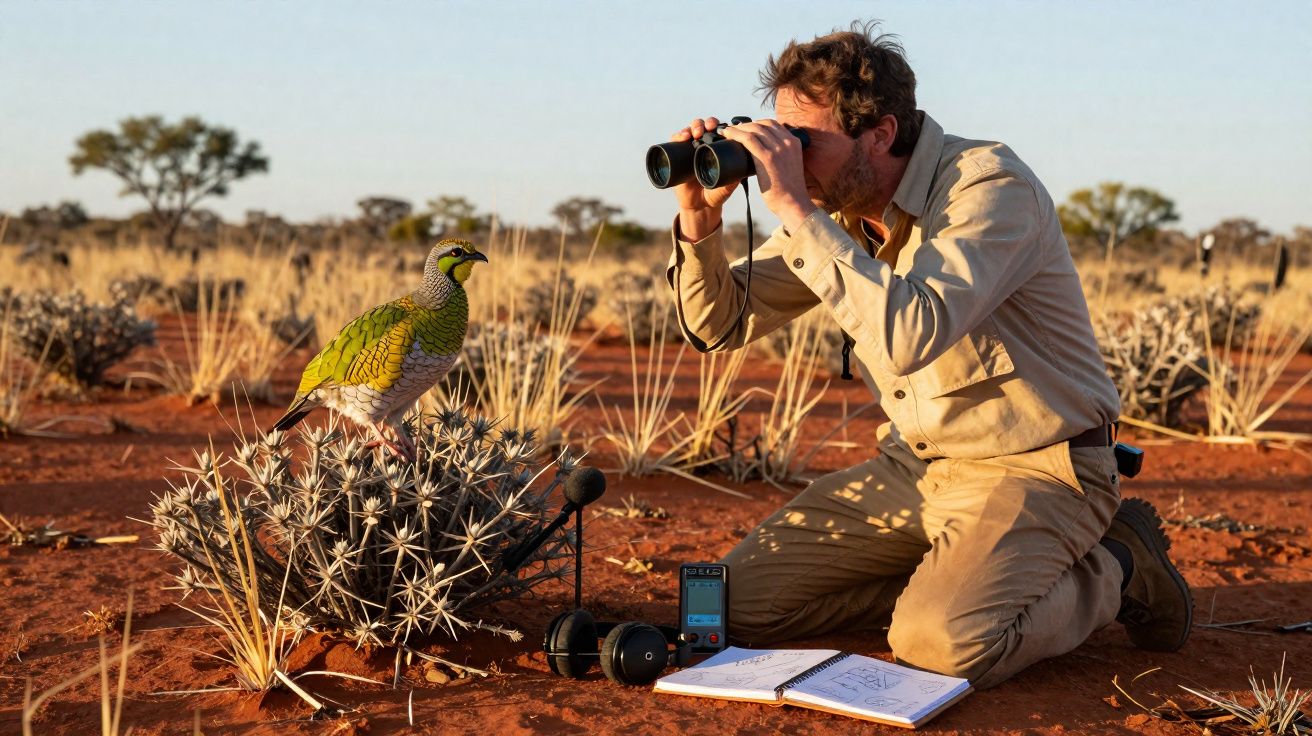 Homem observa com binóculos um papagaio verde pousado num arbusto espinhoso no deserto.