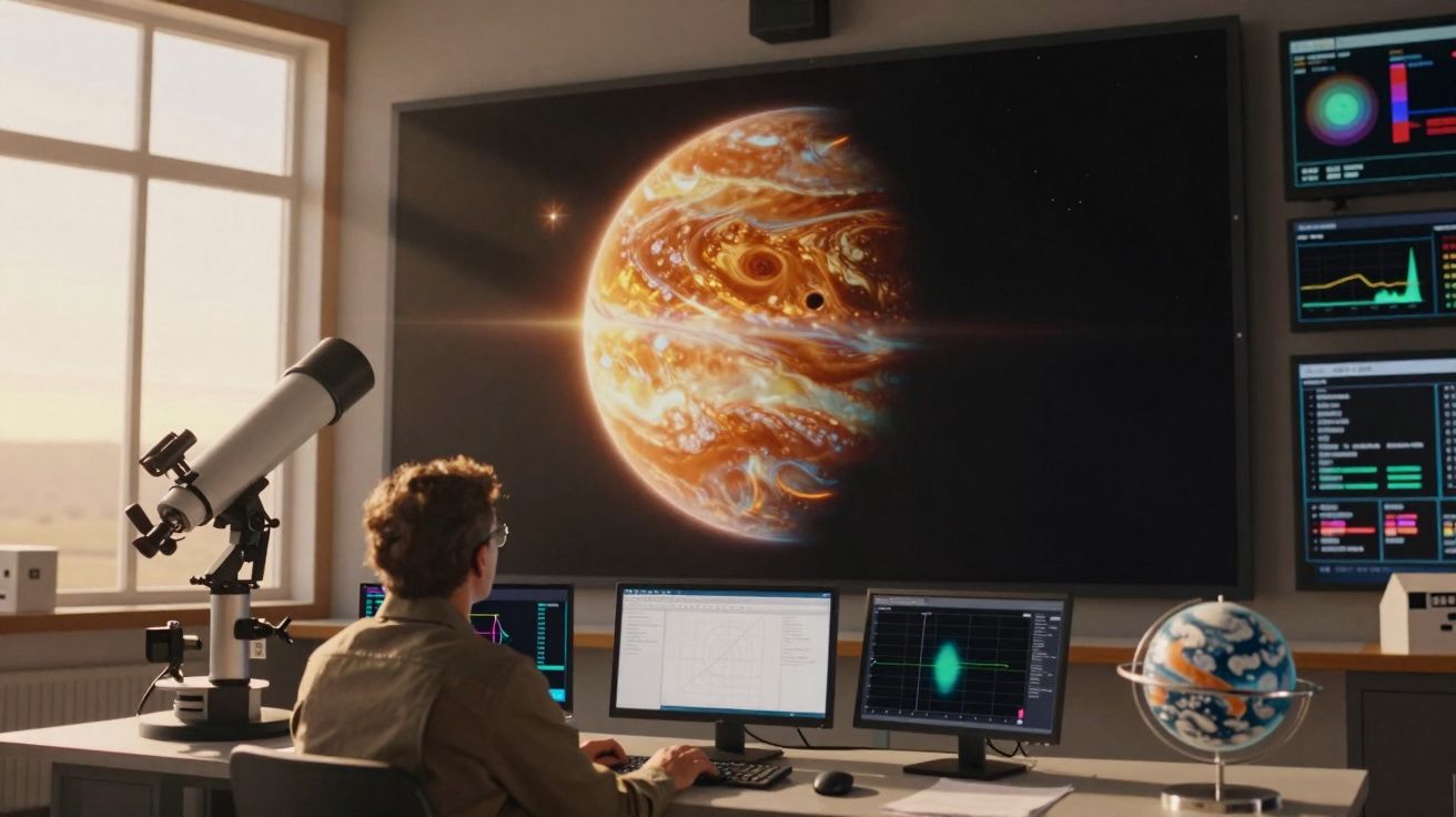 Pessoa a analisar dados astronómicos num laboratório com telescópio, ecrãs e globo terrestre.