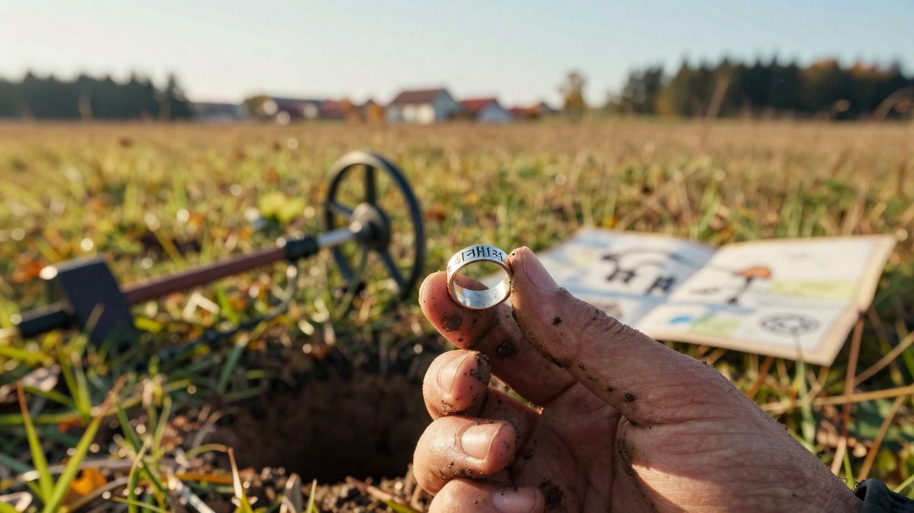 Mão suja segurando um anel encontrado no solo, com detector de metais e mapa desfocados ao fundo.
