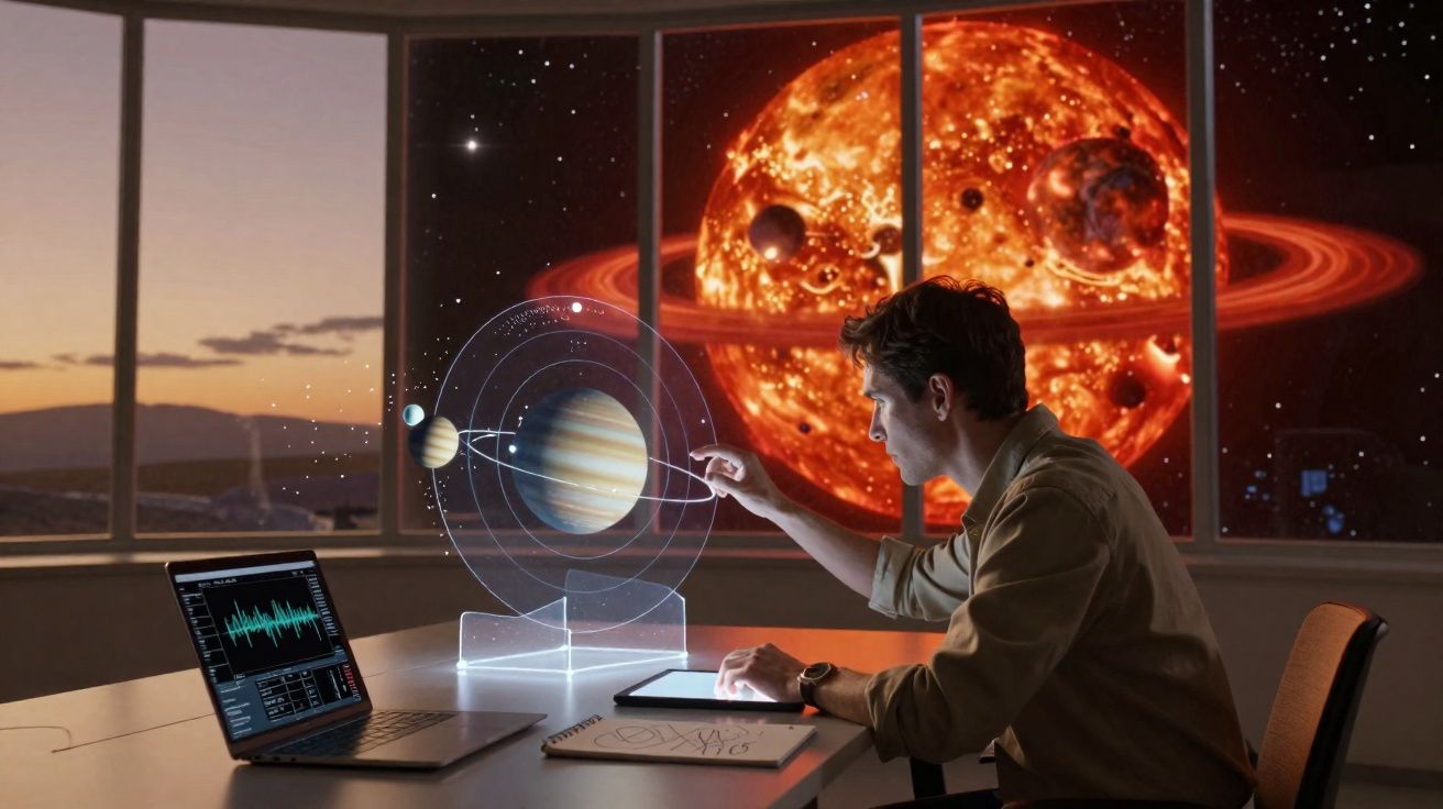 Homem analisa modelo holográfico do sistema solar com sol gigante visível através da janela ao pôr do sol.