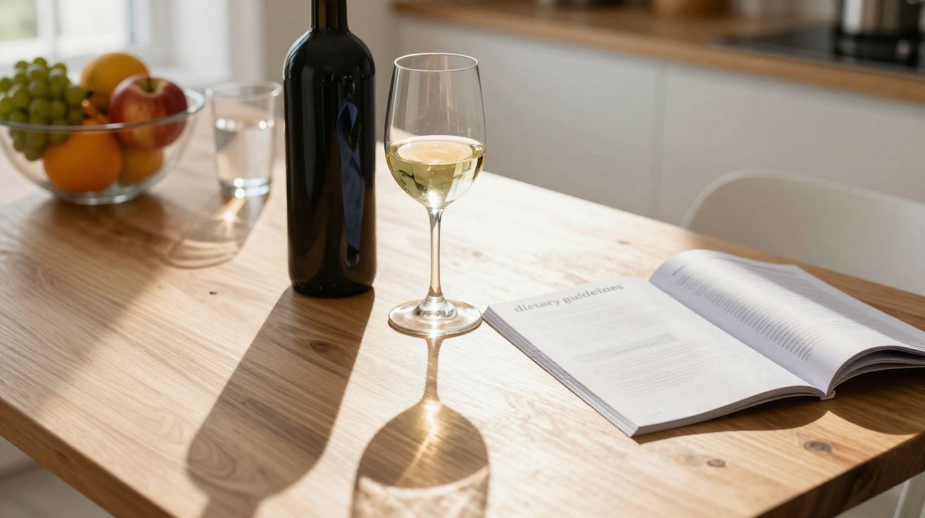 Mesa de madeira com garrafa de vinho, copo de vinho branco, livro aberto e tigela com frutas num ambiente iluminado.