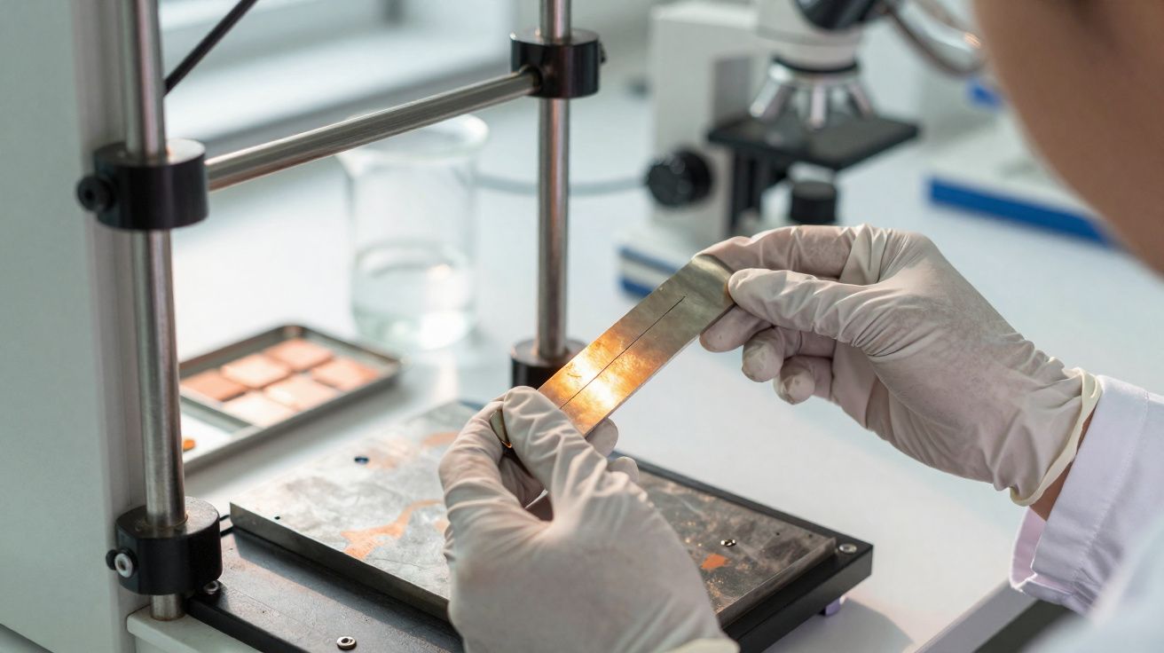 Mãos com luvas seguram lâmina metálica sob luz em laboratório com equipamento de medição e microscópio ao fundo.