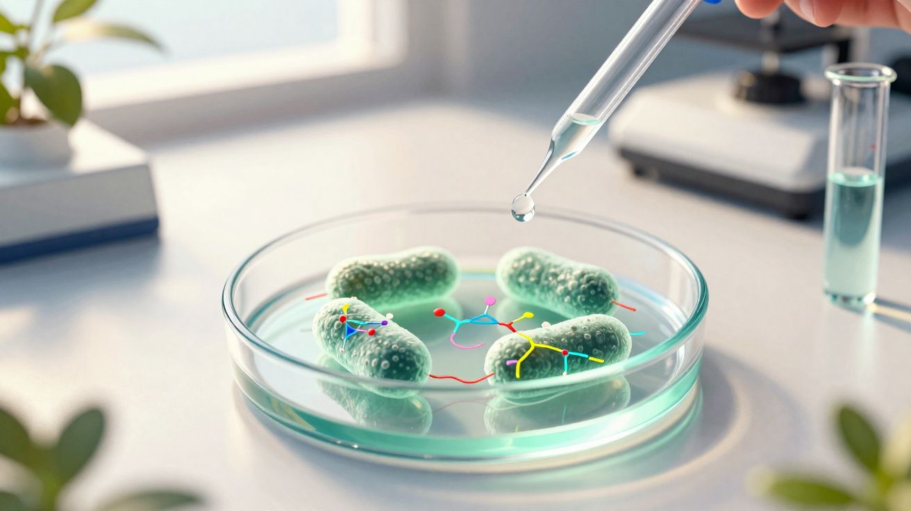Mão segurando pipeta a cair gota em placa de Petri com bactérias e moléculas coloridas num laboratório.