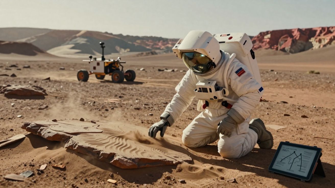 Astronauta explora solo arenoso em planeta árido com rover e tablet próximo na paisagem desértica.