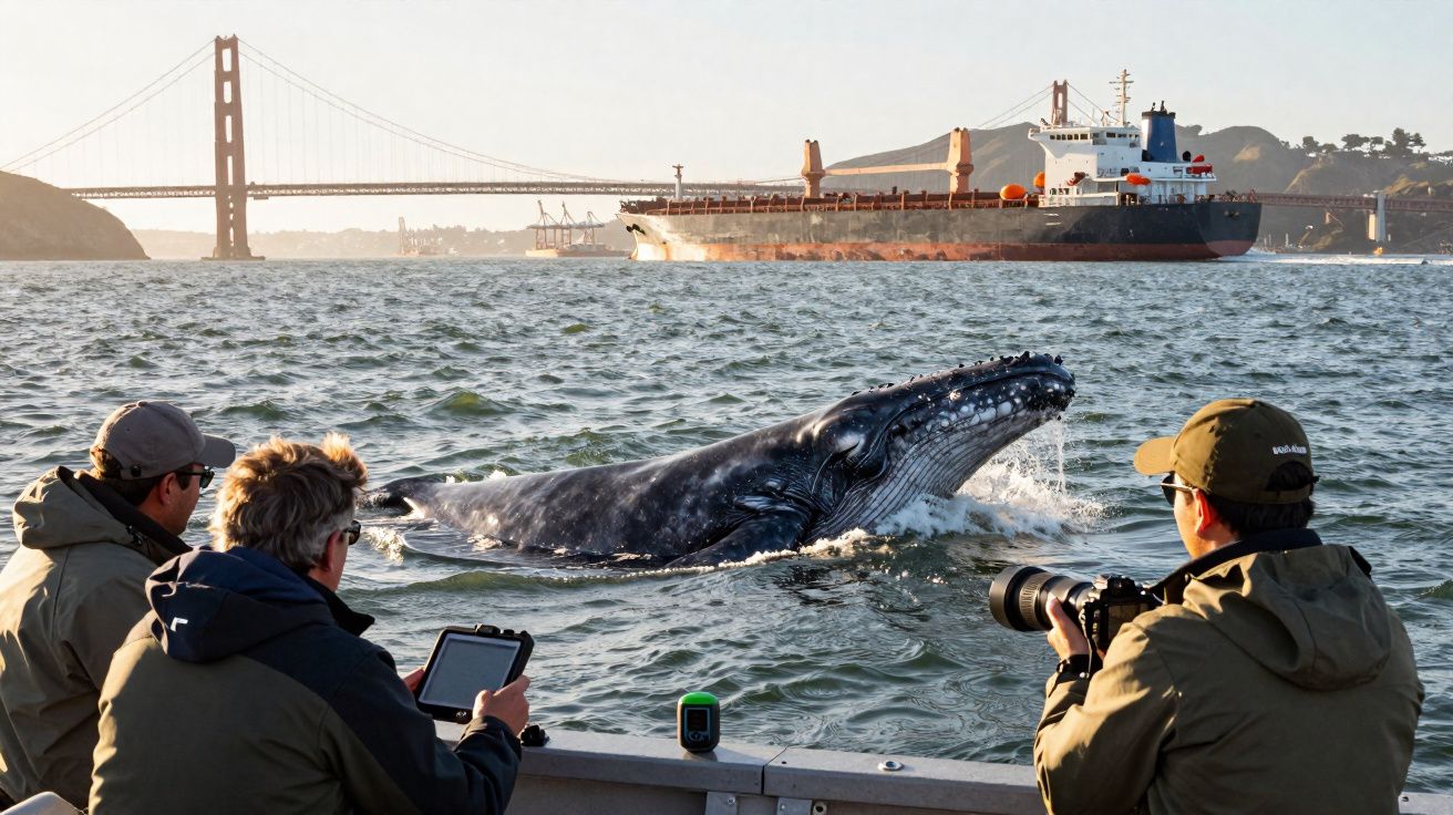 Três pessoas num barco observam e fotografam uma baleia perto de uma ponte suspensa e um navio ao fundo.