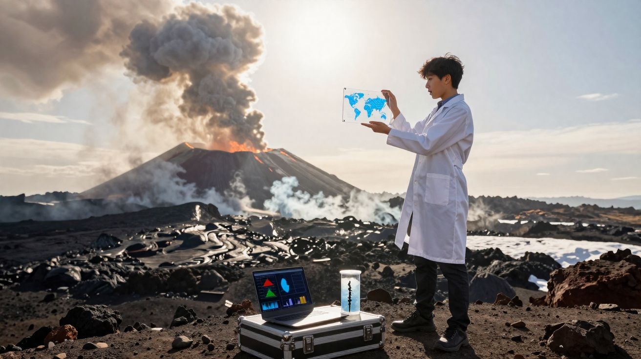 Cientista a estudar dados sobre vulcão ativo em erupção numa paisagem rochosa e vulcânica ao pôr do sol.