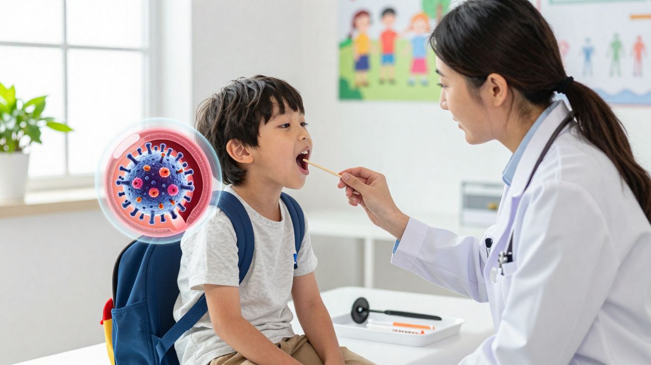Médica examina garganta de menino sentado com mochila, ilustração de vírus ao lado.