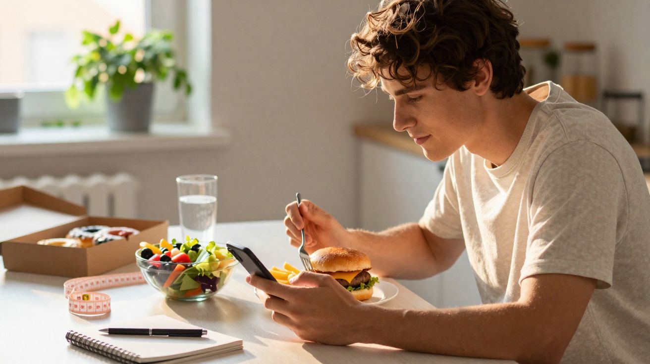 Homem jovem a comer hambúrguer e batatas com telemóvel na mão, sentado à mesa com salada e caderno.