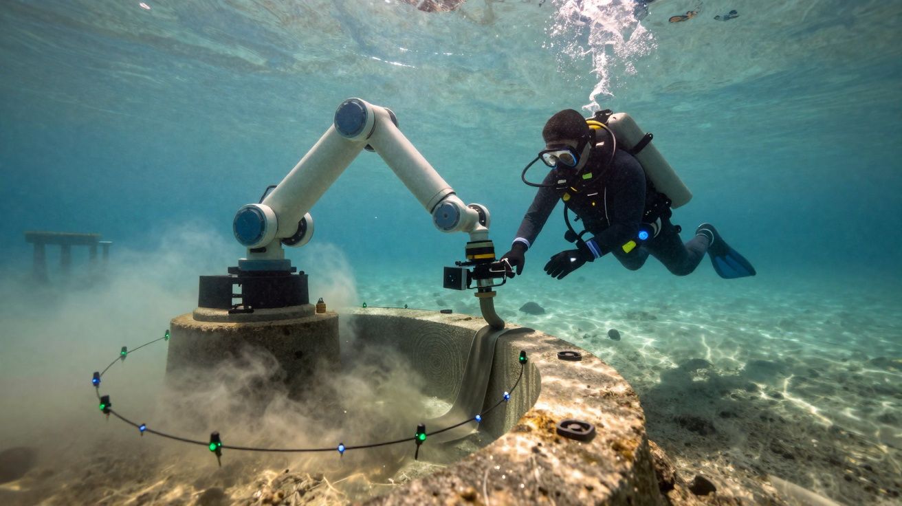 Mergulhador em equipamento completo manipula braço robótico subaquático em fundo marinho arenoso.