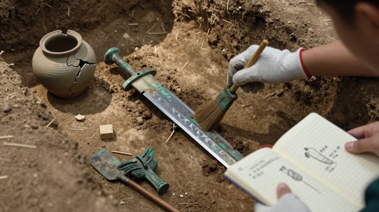 Escavação arqueológica com homem a limpar espada antiga, jarro partido e ferramentas no solo.