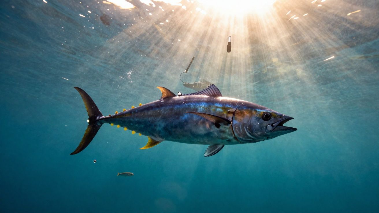 Peixe atum preso a anzol sob a água com raios de sol a atravessar a superfície marítima.