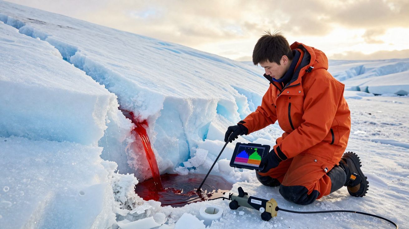 Cientista em equipamento de frio colhe amostra de água vermelha no gelo para análise ambiental.