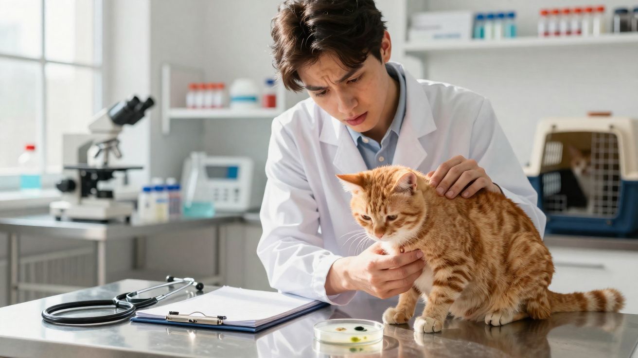 Veterinário examina gato ruivo numa clínica com petri e estetoscópio na mesa.