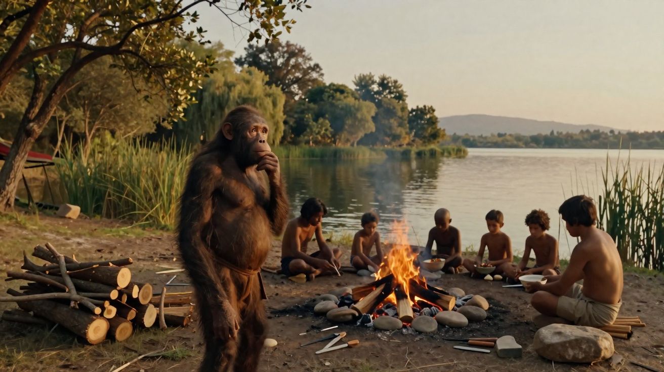 Primata em pé junto a crianças sentadas à volta de uma fogueira perto de um lago ao entardecer.