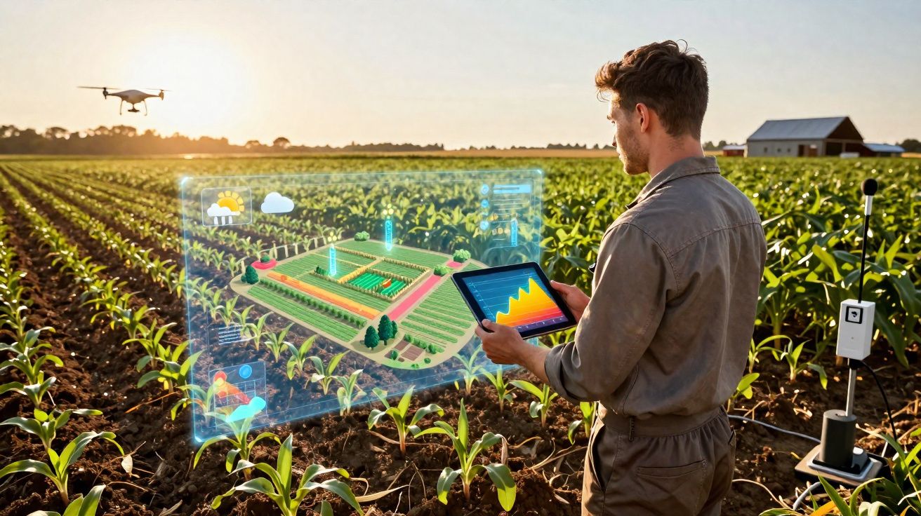 Agricultor com tablet numa plantação a controlar dados agrícolas e drone voando ao fundo ao pôr do sol.