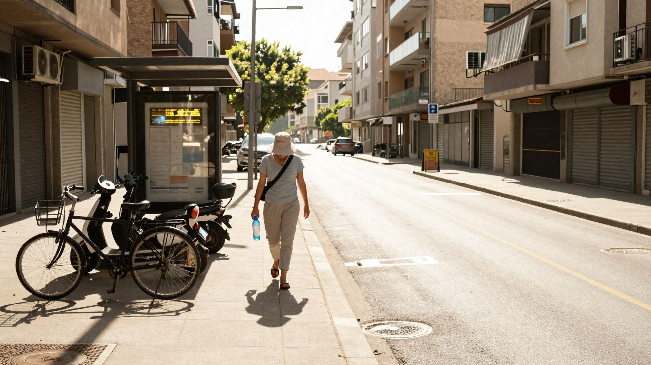 Pessoa com chapéu e garrafa de água caminha numa rua com bicicletas e carros estacionados sob luz solar intensa.