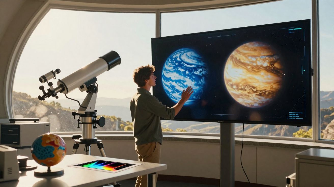 Pessoa em laboratório de astronomia interage com imagem digital de planetas na tela grande.