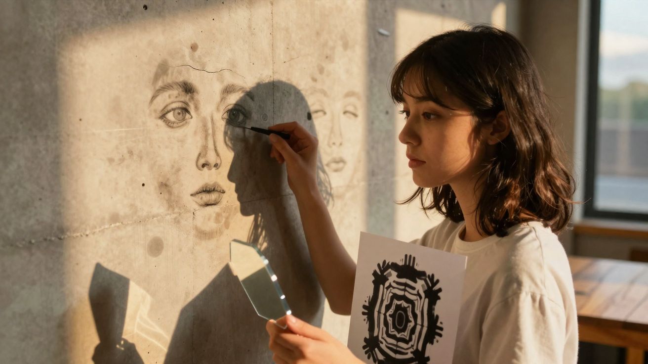 Mulher desenha rosto projetado na parede com sombra, segurando espelho e folha com padrão geométrico.