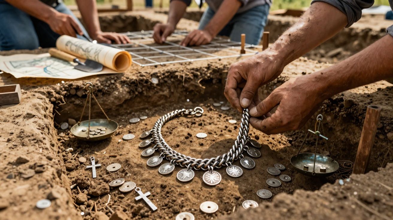 Escavação arqueológica com mãos a recolher moedas antigas, crucifixos e colar de prata no solo.