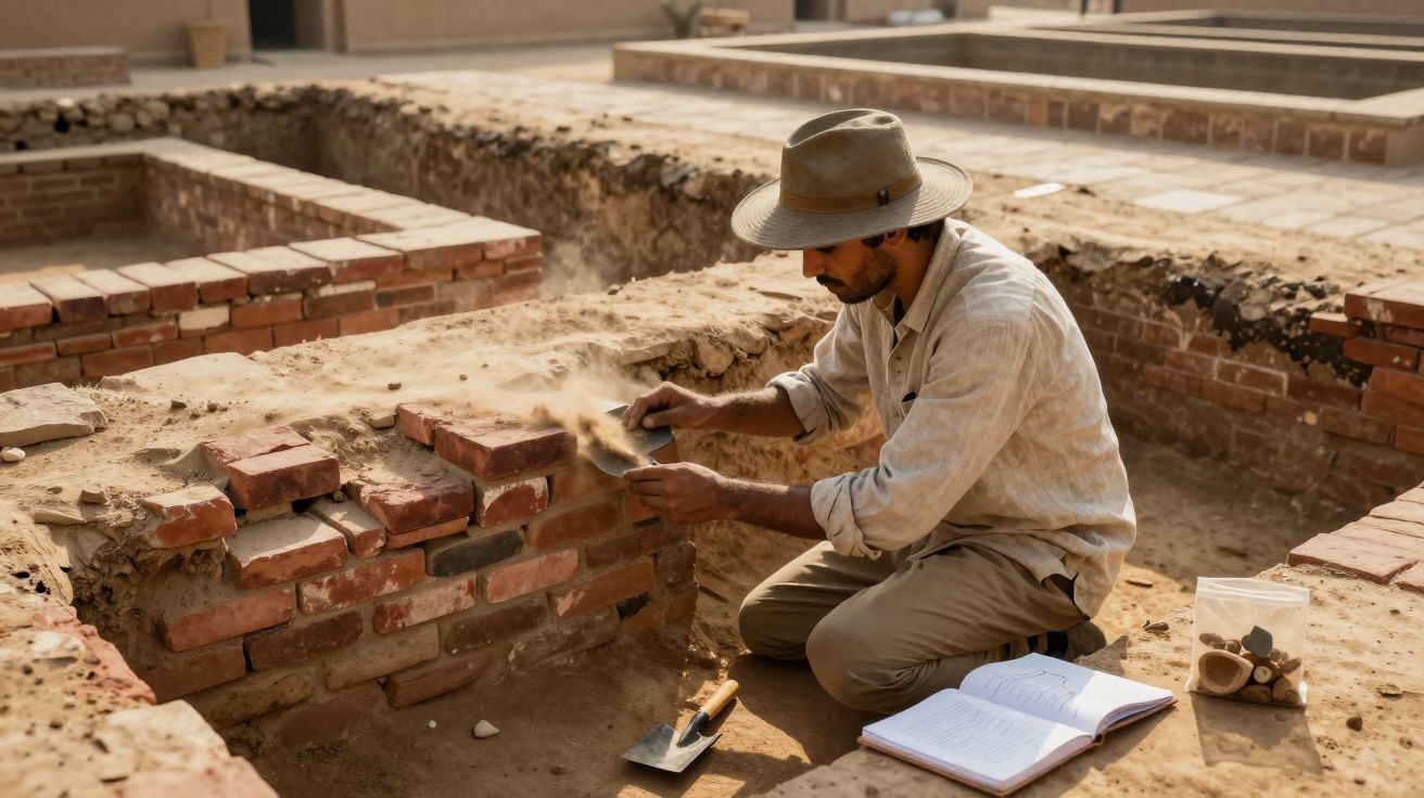 Homem com chapéu a limpar tijolos durante escavação arqueológica em ruínas de tijolo.