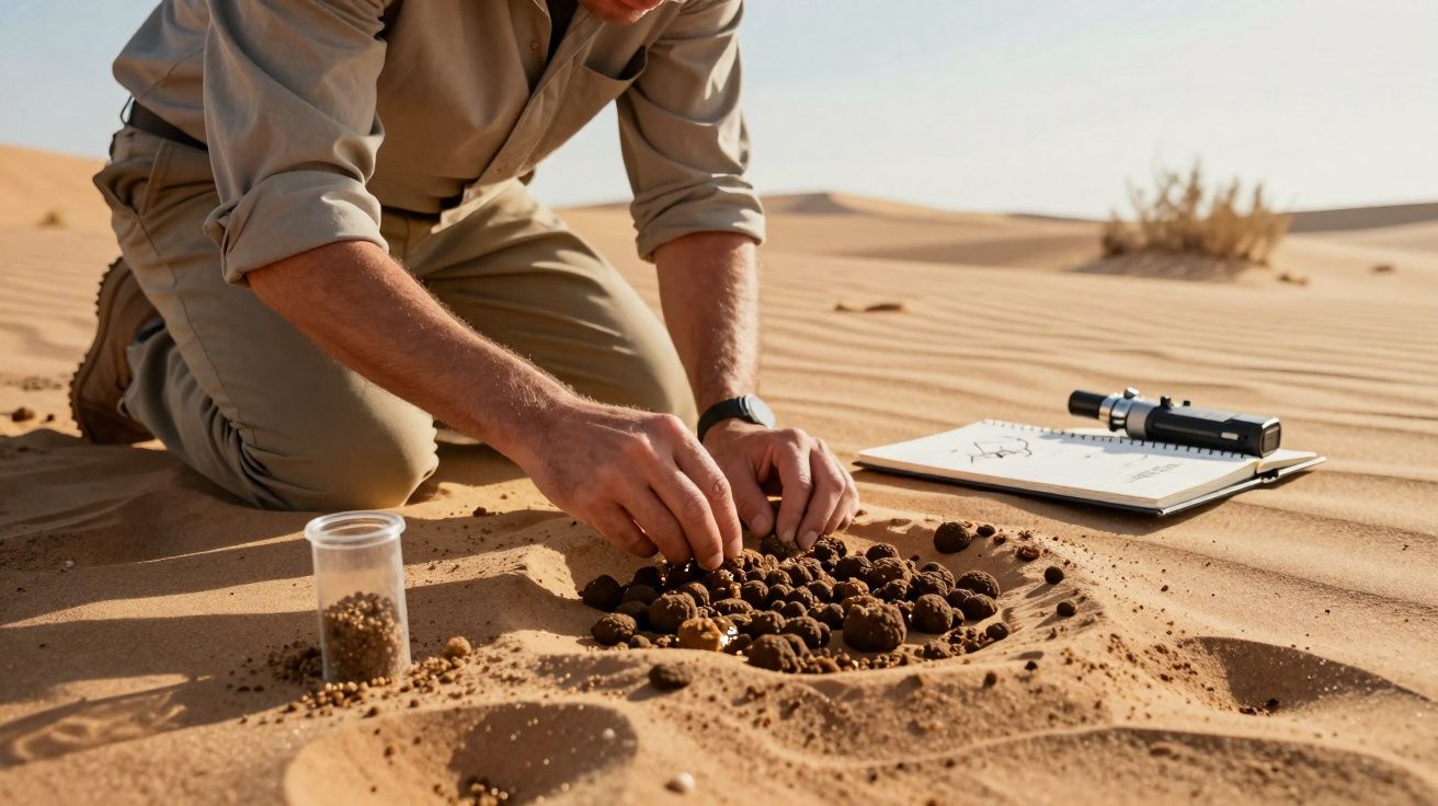 Pessoa a estudar formigueiro no deserto, com bloco de notas e lupa ao lado na areia.