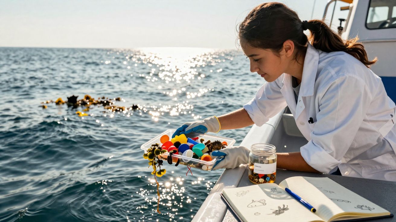 Mulher cientista a recolher lixo plástico no mar durante estudo ambiental a bordo de barco.