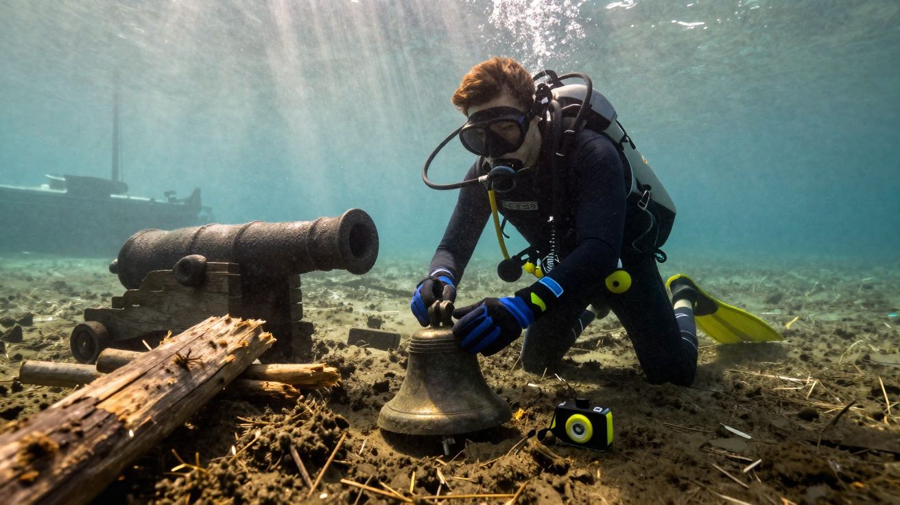Mergulhador a explorar relíquias subaquáticas, segurando um sino antigo no fundo do mar.