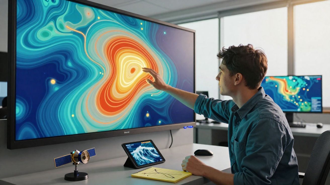 Homem a analisar dados coloridos e gráficos num grande ecrã num escritório moderno.