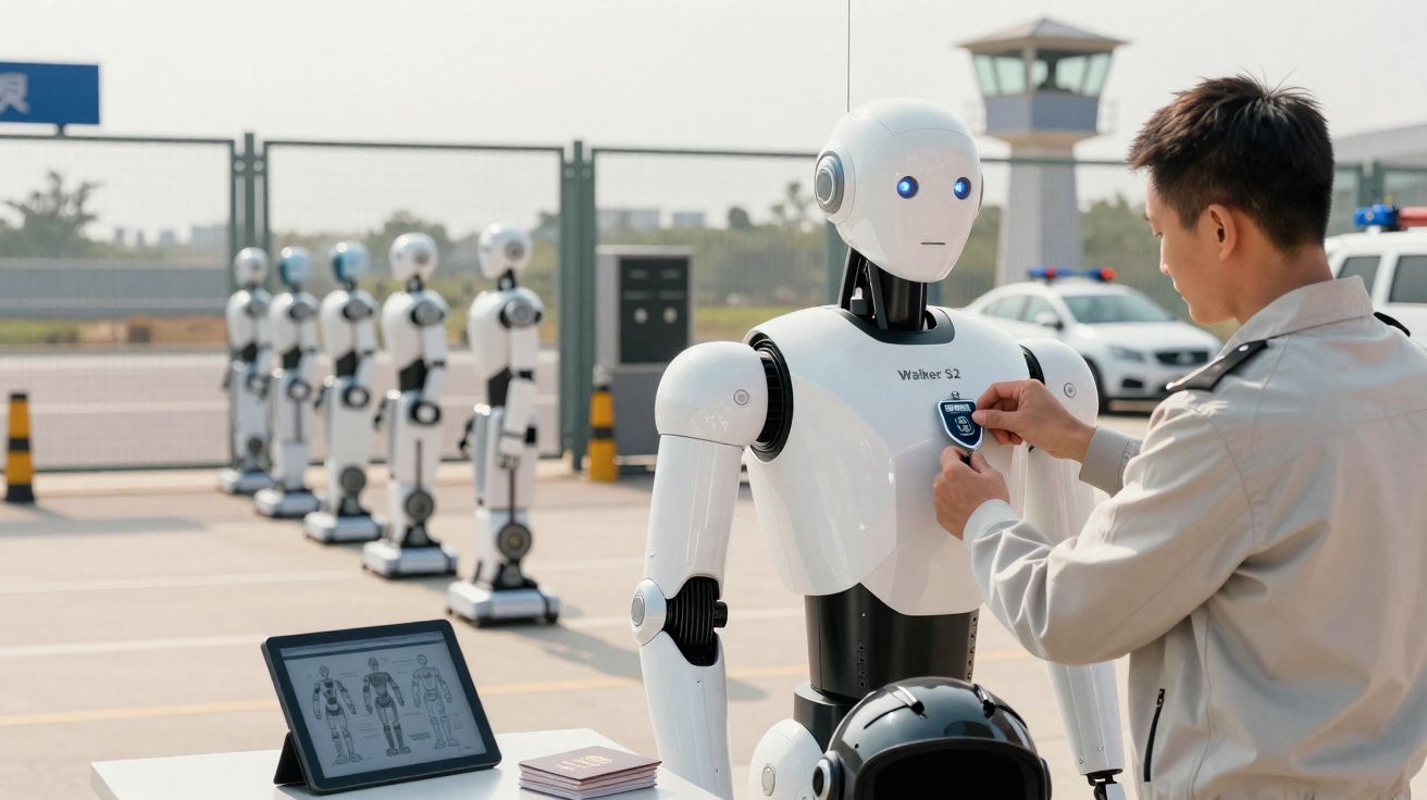 Homem equipa robô humanoide com distintivo azul num ambiente exterior com vários robôs alinhados ao fundo.