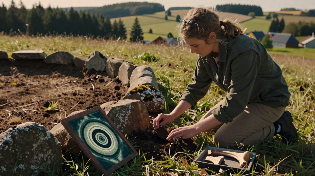 Mulher a escavar o solo num campo com ferramentas e imagem circular junto a pedras.