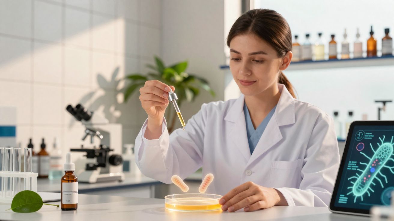 Cientista com bata branca usa pipeta para exame num laboratório com microscópio e ecrã digital de bactérias.