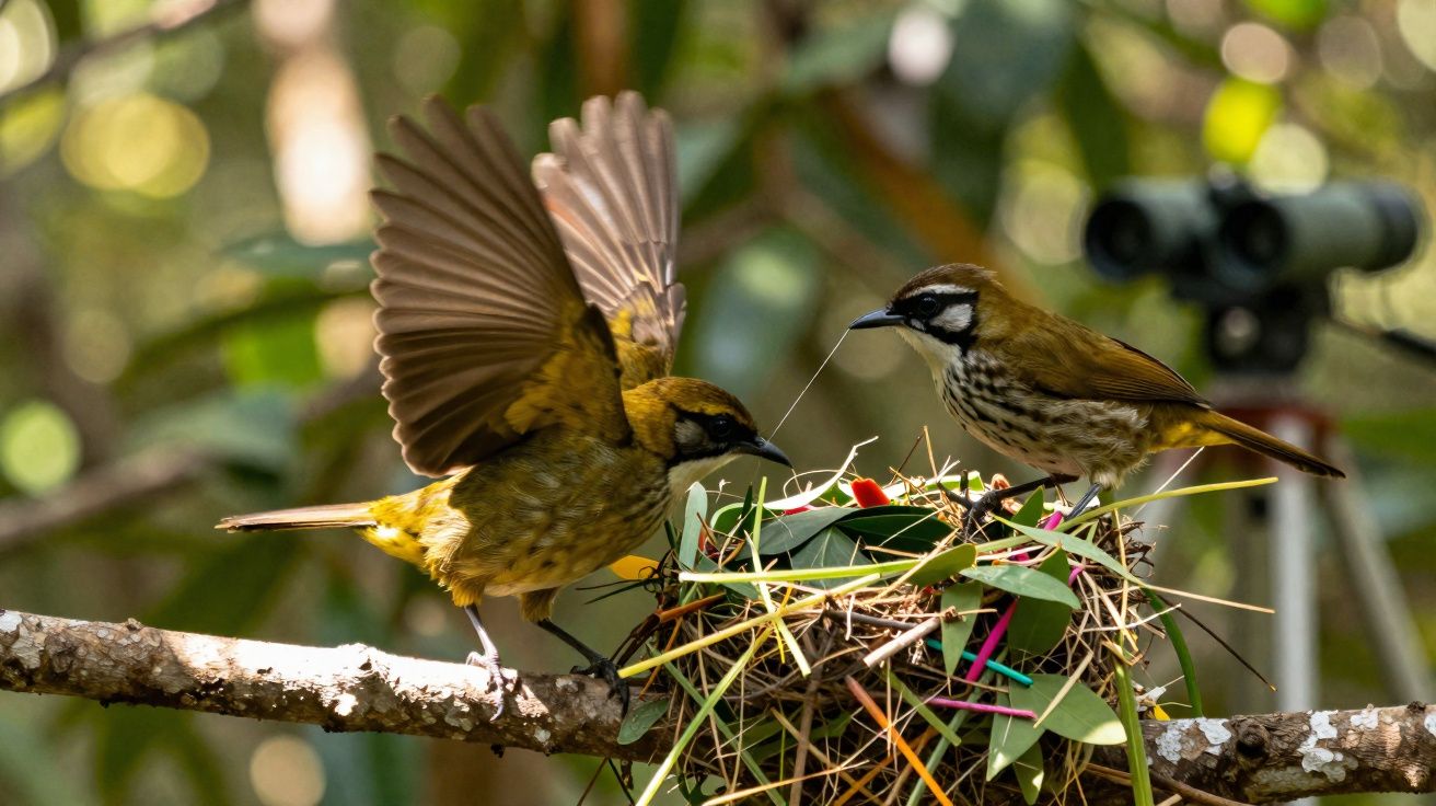 Dois pássaros junto a um ninho feito de gravetos coloridos numa árvore em ambiente natural.