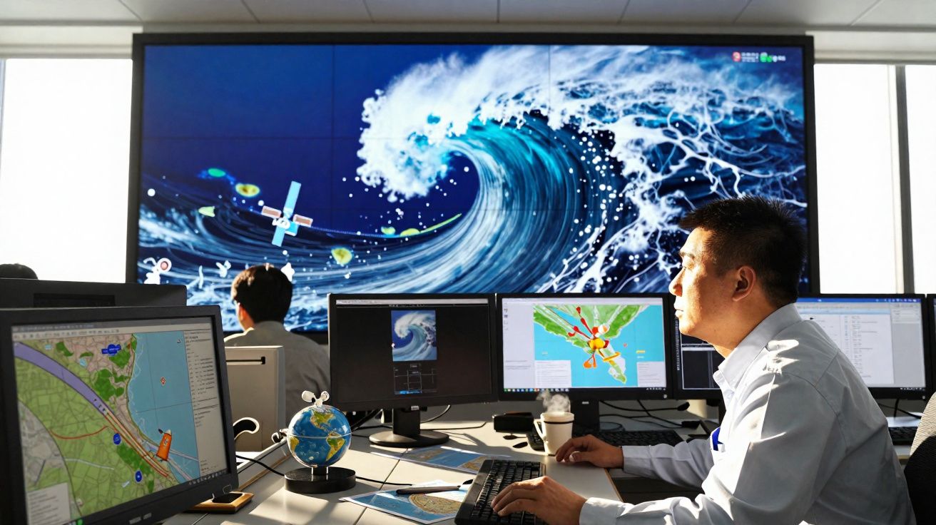 Homem a monitorizar dados meteorológicos e mapas em vários ecrãs num centro de controlo moderno.