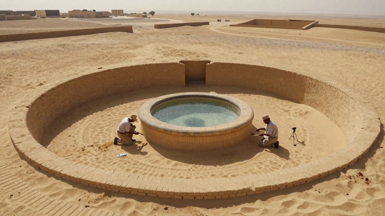 Dois homens trabalham numa estrutura circular de tijolos com água no meio, num ambiente de deserto arenoso.