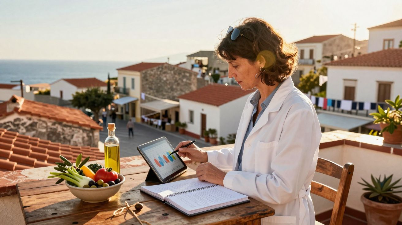 Mulher com bata branca analisa gráficos num tablet ao ar livre numa varanda com vista para casas e mar.