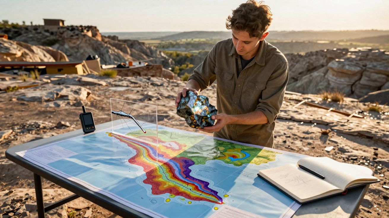 Pessoa a analisar amostra geológica junto a mapa topográfico colorido numa área rochosa ao ar livre ao pôr do sol.