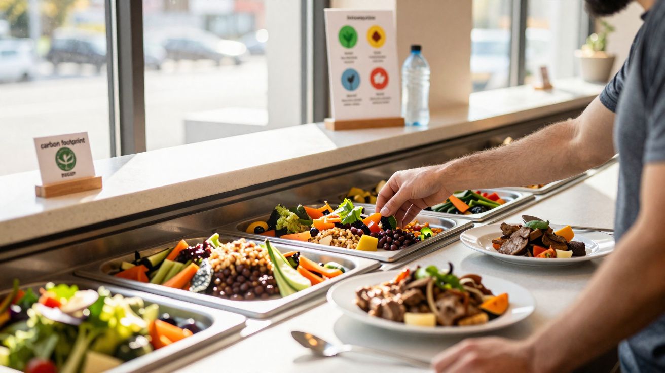 Buffet de saladas frescas e legumes variados com pessoa a servir-se num restaurante.