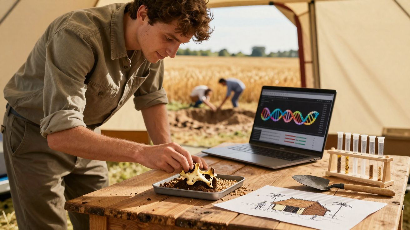 Jovem cientista analisa amostras para estudo genético em campo com laptop e esboço de habitação rural.