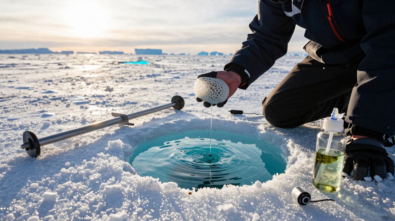 Pessoa a recolher amostra de água em buraco no gelo numa paisagem gelada ao pôr do sol.