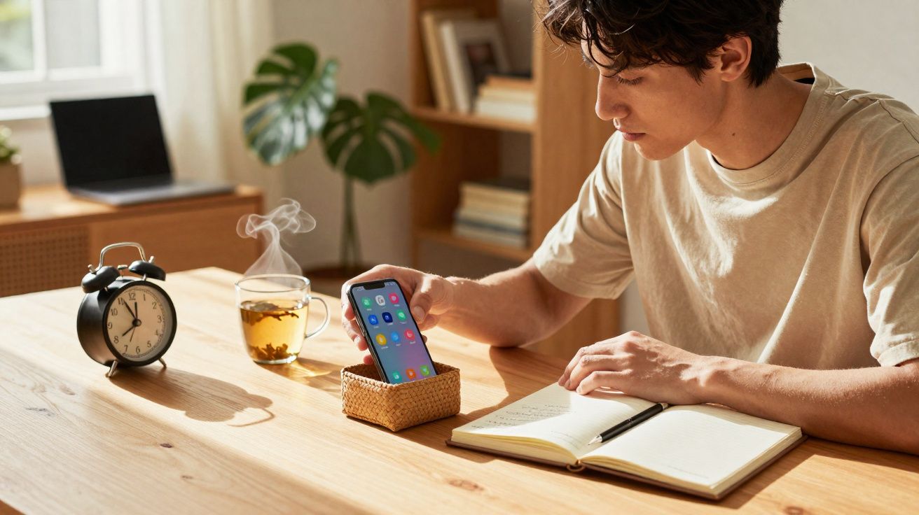 Pessoa a estudar numa mesa de madeira com telemóvel, livro aberto, chá quente e um relógio despertador.