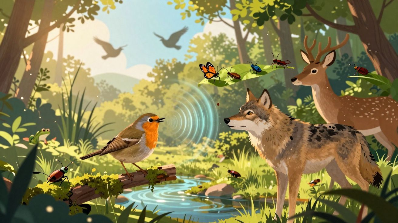 Ilustração de floresta com pássaro a cantar, lobo e veado junto a riacho, rodeados por insetos e vegetação.