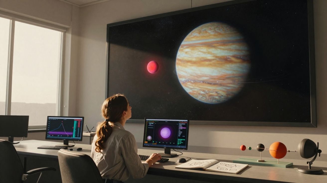 Pessoa sentada em escritório a analisar imagens de planetas num monitor e grande ecrã à frente.