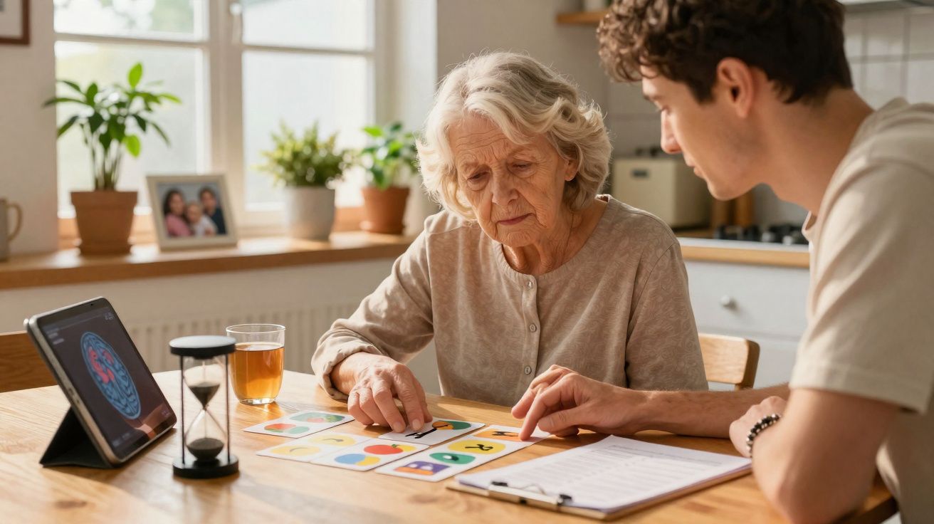 Idoso e terapeuta a fazer exercícios cognitivos numa mesa com tablet e ampulheta numa sala iluminada.