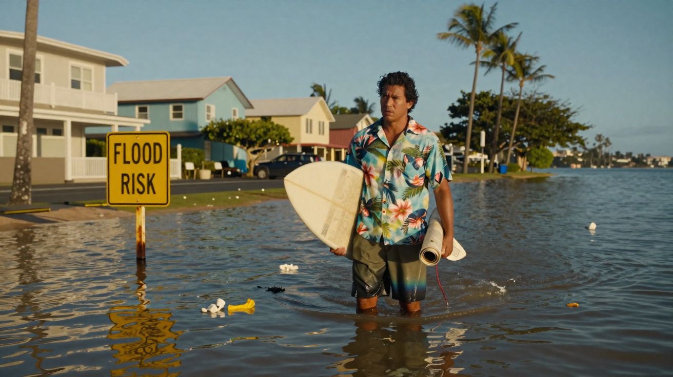 Homem com prancha de surf caminha em rua alagada, ao lado de placa amarela que indica risco de inundação.
